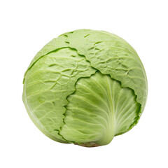 Whole head of vibrant, fresh green iceberg lettuce with crisp, tightly formed leaves, pristine and perfectly formed, on a plain transparent background with no shadows. Concept of fresh produce and
