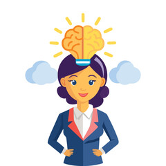 Vector illustration of a confident businesswoman with a glowing brain symbol representing innovation, intelligence, leadership, and creative thinking in corporate professional mindset concept.