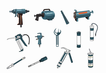 Grease Guns and Pneumatic Tools Vector Set  Industrial Equipment Icons