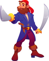 Pirate ship crew cartoon character of corsair with saber swords and musket gun, vector personage. Caribbean pirate crew character of corsair boatswain or filibuster skipper in bandana with swords
