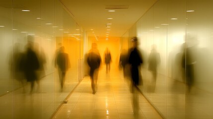 Dynamic indoor office corridor with blurred figures in motion, warm lighting, glass walls, symbolizing efficiency,