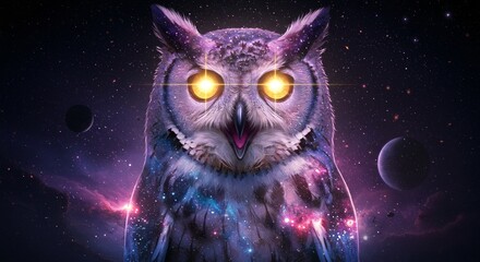 Majestic owl with glowing yellow eyes against a cosmic backdrop. The owl is adorned with galaxy-like patterns and celestial artwork.