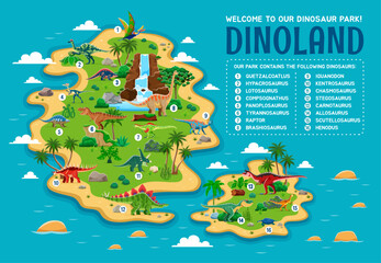 Dino park island map for prehistoric museum or kids paleontology game, vector infographics. Jurassic dinosaurs park island map with prehistoric lizards, reptiles and dino animals species information