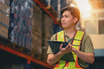 Asian man warehouse managers checking stock in workplace warehouse. industry logistic export import distribution concept.