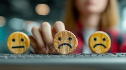 A hand hovers over three wooden blocks with painted facial expressions, left and right neutral, middle frowning,