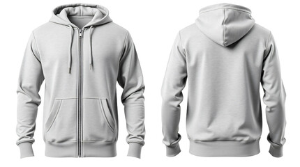 Grey hoodie with zipper in front and back view, mockup isolated on transparent background