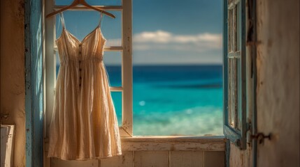 White Lace Dress Hanging in a Window Overlooking a Turquoise Ocean