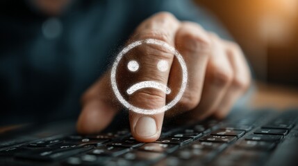 A human hand typing on a keyboard with a sad emoji overlay on the index finger,