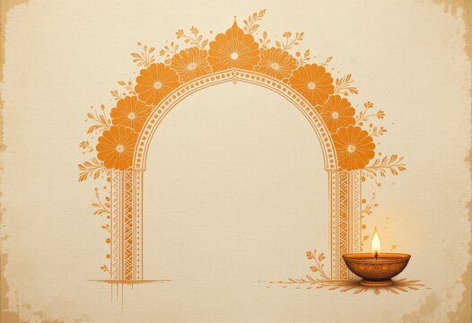Ornate Floral Arch Lit Diya - Traditional Vector Illustration Beige Background Diwali Celebrations, Festival Lights Marketing Event Promotions