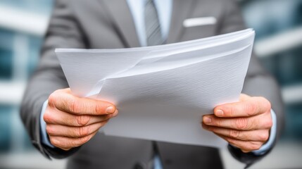 A person in a formal gray suit holds multiple official documents,