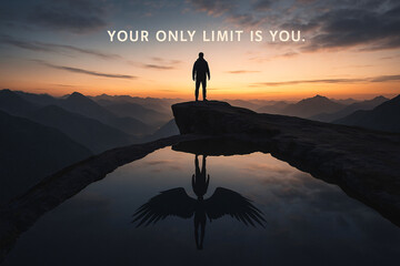 Sunset Cliff Reflection with Angelic Wings and Inspiring Quote