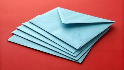 A clean stack of several light blue envelopes rests layered on a vivid red background, showing their subtle texture.