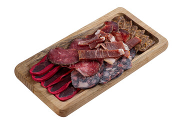 Board with a set of sausages of different varieties for appetizers