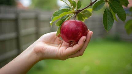 Close-up of woman’s hand gathering red apple from backyard tree, detailed harvest and garden setting

