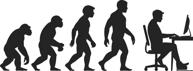 evolution silhouette, human evolution clipart, man at desk, from ape to man, computer evolution image, tech progress art, sitting man vector