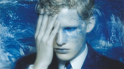 A person with their hand over their eyes, deep in thought, surrounded by cool blue tones and water ripple textures,