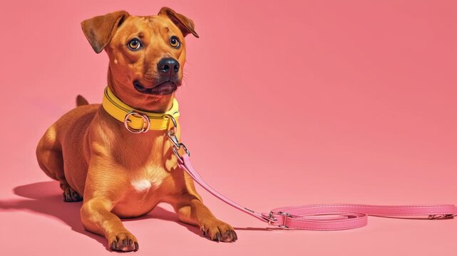 Realistic dog face and body with pink background, yellow collar and leash, showcasing playful curiosity and adorable expression in relaxed setting