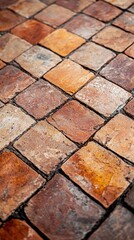 Tiled floor with varied tones of brown, orange, and aged texture close up view