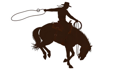 Isolated cowboy with lasso riding bronco silhouette