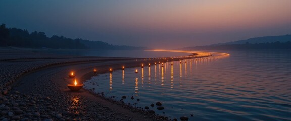 Serene Dusk Photo Floating Candles Calm Water Pebbled Shore - Tranquil Celebration Light Diwali Cultural Festivals, Spirituality Meditation Concept