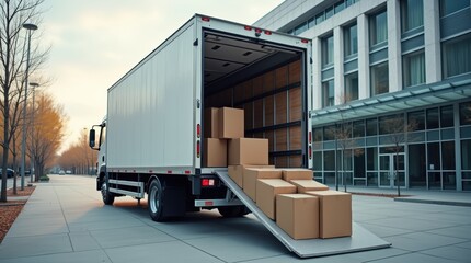 Hand truck with stacked boxes being loaded into a truck with a roll-up door open, city office buildings in background, delivery logistics

