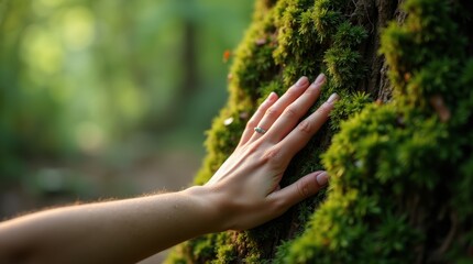 Hand touching green moss on old tree, sensational connection with nature and human, nature lover concept