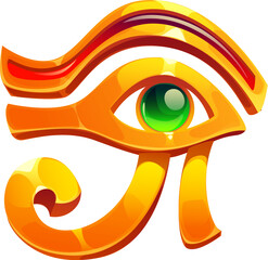 Golden Eye of Horus, features a glowing green gemstone pupil, ancient Egypt game icon, Egyptian treasure asset. Cartoon vector symbol of protection, health and wisdom, mystical and powerful artifact