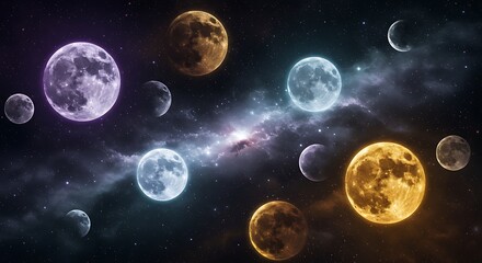 Naklejka premium A vibrant cosmic scene showcasing multiple luminous moons of varying colors and sizes floating amidst a swirling nebula and distant stars.