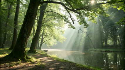 Morning sunlight streams through tall forest trees, creating beautiful light rays above a calm river and a peaceful path in the misty woodland.
