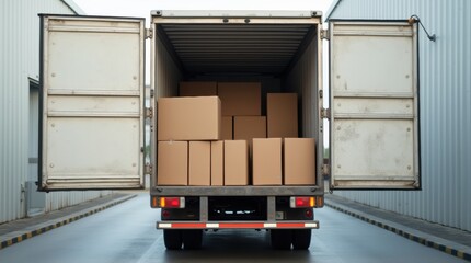 Box truck with both rear doors wide open, cardboard boxes aligned on the dock, clean daylight setting, transportation and logistics concept

