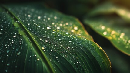 Closeup of Dew Drops on Dark Green Tropical Leaves