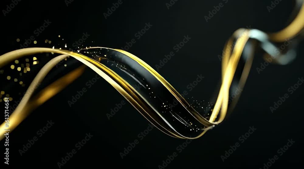 Poster golden shimmer ribbon with abstract flowing curves on black background creating elegant golden flow 
