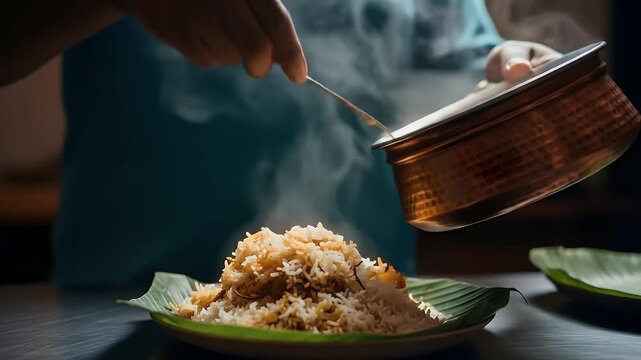 Person serving biryani on banana leaf for cinematic indian food video