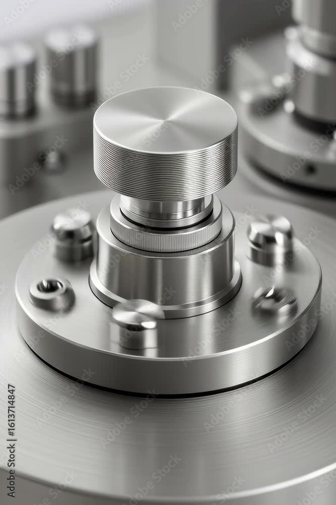 Poster metal mechanical part closeup with shiny silver surface and smooth polished mechanical part surface 
