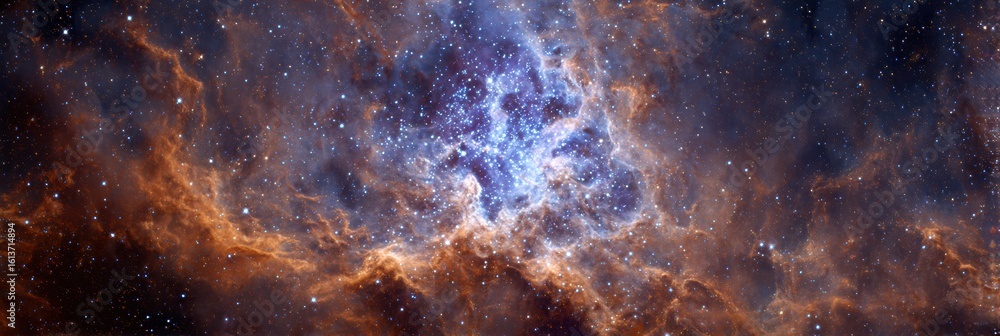 Poster nebula resembling a brain with a starfield fading on the left side in deep space