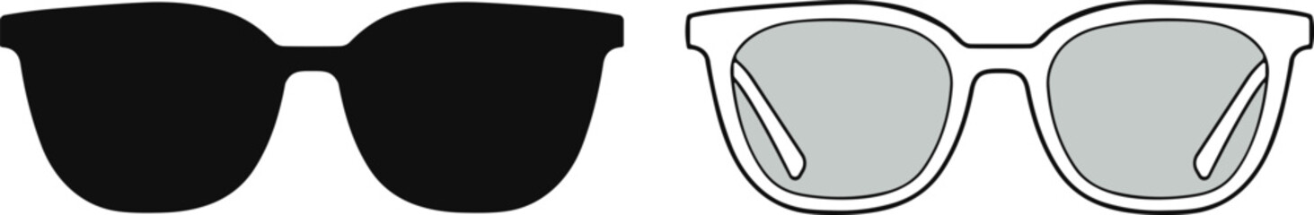 Sunglasses vector illustration, fashion eyewear template, black silhouette, modern accessory, transparent lens, classic shape, summer style, technical sketch