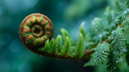 Closeup of a Fiddlehead Fern Unfurling in Lush Green Foliage