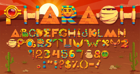 Ancient Egyptian font or pharaoh typeface and cartoon mythology type, vector arcade game alphabet. Ancient Egypt font letters of pharaoh pyramid and mummy with scarab and papyrus hieroglyphs typeface