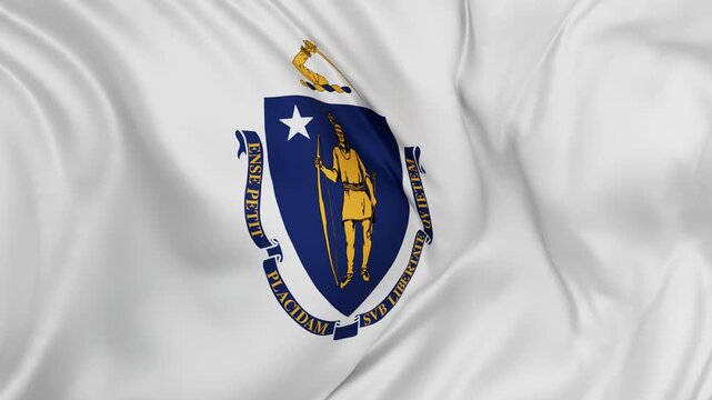Massachusetts US state flag swaying in the wind, looped endless cycled video, completely full screen covers flag background
