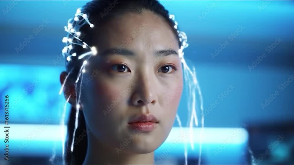 Aufkleber futuristic asian woman with neural interface: brain-computer connection in sci-fi setting