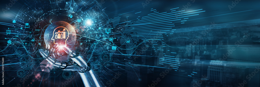 Poster hand of robot touch on business intelligence analytics network, dashboards insights automation forec