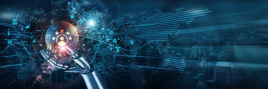 Hand of robot touch on customer satisfaction service network, feedback loyalty CRM automation engagement experience personalization response retention communication monitoring.