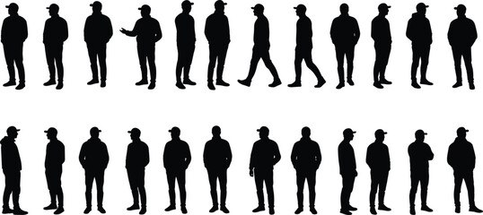 Silhouettes of young man in cap standing, walking, posing in different angles, casual clothing, isolated black vector illustration