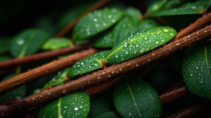 Closeup of Dewy Green Leaves and Brown Stems
