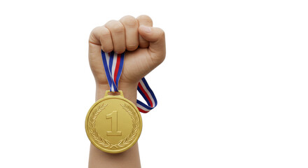 Strong light-skinned hand proudly clenches a shiny gold medal with an embossed '1' and laurel wreath on a red, white, and blue ribbon, held aloft against a clean white studio background with copy