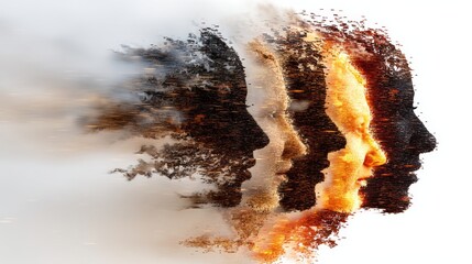 Abstract profile view of a face with three layers, grayscale smoke-like left, warm beige middle, textured right,