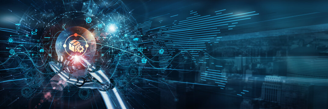 The hand of a robot touches on supply chain management networks, logistics procurement automation inventory delivery forecasting tracking warehouse integration, and transportation coordination.