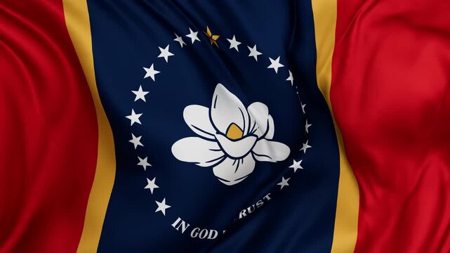 Mississippi US state flag swaying in the wind, looped endless cycled video, completely full screen covers flag background
