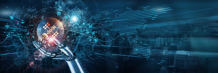 The hand of a robot touches the space technology innovation network, satellite propulsion robotics launch AI orbit communication research, and monitoring systems integration automation.