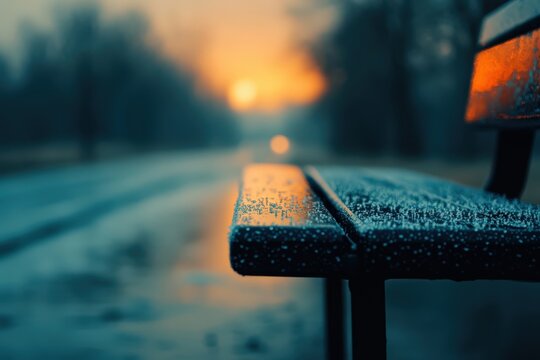 Early morning frost coats a park bench near road